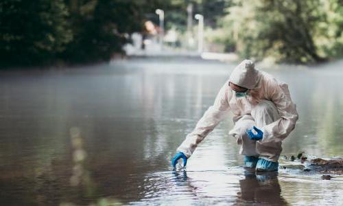 A scientist taking a water sample from a flooded area.